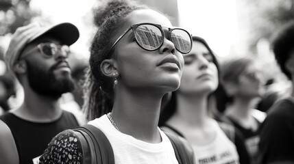 People of all races in a peace march, fairness, unity in activism