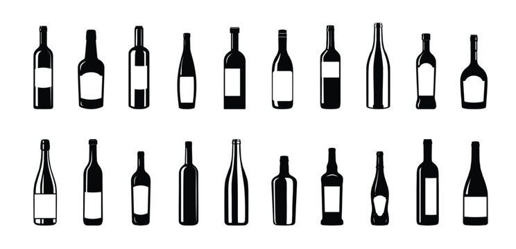 Wine bottle silhouettes. Various types glossy wine bottles silhouette.