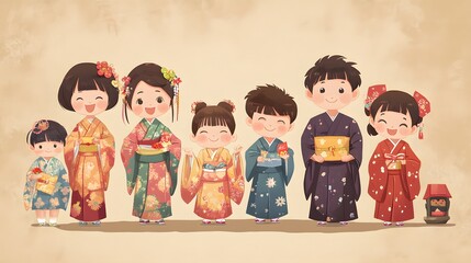 Cartoon family celebrating a Shichi-Go-San with children dressed in traditional kimonos candies and temple visits