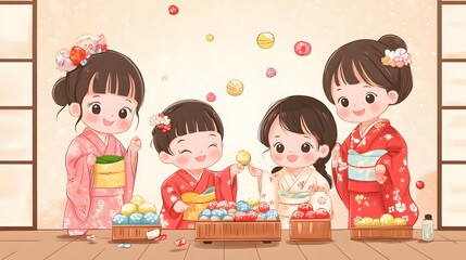 Cartoon family celebrating a Shichi-Go-San with children dressed in traditional kimonos candies and temple visits