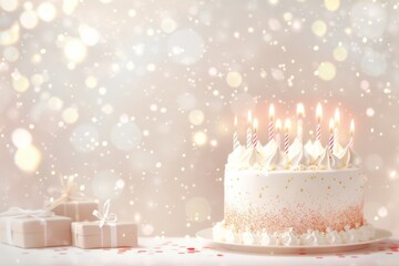 Sparkling Celebration: Elegant White Birthday Cake with Glowing Candles and Gifts