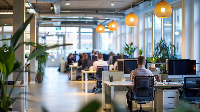 A large open office space with many people working at their desks