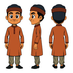Naklejka premium Asian Indian Pakistan Arab 2D agriculture Man Character Front View, Side, Back View Wear Shalwar Kameez 