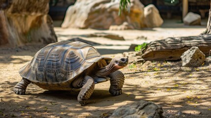 Giant Tortoise Walking in a Sunny Zoo Enclosure