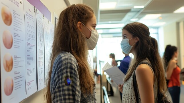 Students presenting academic posters in a virtual exhibition, academic updates, digital presentations.