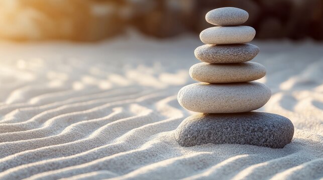Zenith of Serenity: A cairn of smooth stones stands tall on a sun-kissed beach, embodying tranquility and balance amidst the rippling sand. 
