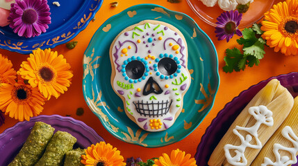 decorated Day of the Dead sugar skull cookie.Surrounding it are colorful elements like marigold flowers, purple and orange plates, traditional Mexican foods, and festive decorations
