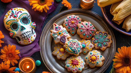 An array of colorful Day of the Dead themed sugar cookies decorated with intricate icing designs, along with a decorated sugar skull and vibrant marigold flowers, set on a festive table with candles a