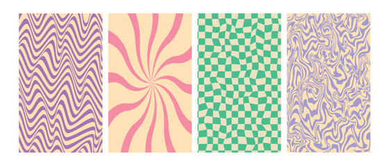 Colors trendy retro backgrounds set. Groovy posters in swirl, checkerboard, wavy lines. 70s retro backgrounds in psychedelic style