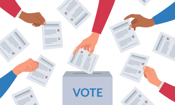Election concept banner. Vote ballot box. Diversity group of people putting paper ballots into the ballot box. Fair voting and opinion. Vector illustration
