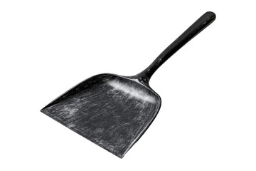 A black manual shovel with a wide scoop, ideal for various cleaning and gardening tasks.