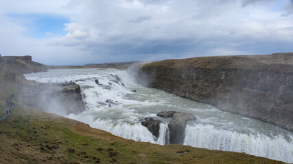 panoramic view across the large waterfall Gullfoss, Iceland