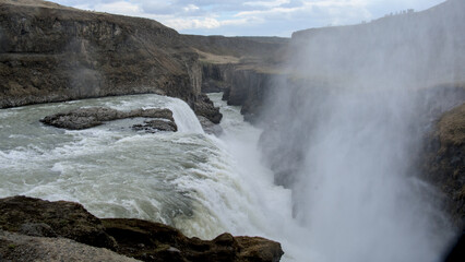 panoramic view across the large waterfall Gullfoss, Iceland