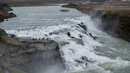 panoramic view across the large waterfall Gullfoss, Iceland