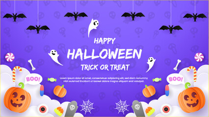 Happy halloween greeting card  with elements pumpkins, spiders, bats, flags, and candy. Perfect for a party flyer or invitation template. EPS 10 vector illustration.