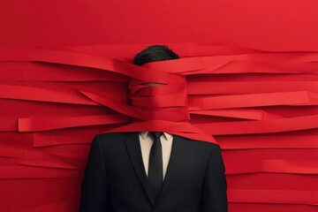 Businessman tangled in a web of red tape, symbolizing financial bureaucracy