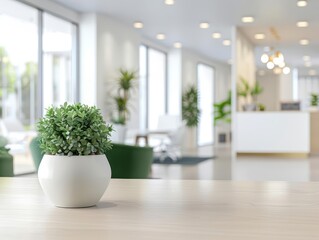 Fototapeta premium Blurred modern office interior, panoramic windows, beautiful natural lighting, open space, soft and airy, Realism, High detail