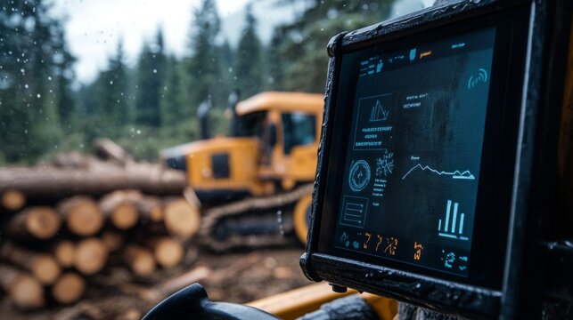 The display screen shows real-time data from forestry equipment working in wet conditions among felled logs.