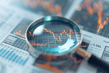 Magnifying glass over financial graphs, data analysis concept, stock market audit, glowing charts, high-tech, Realism, High detail