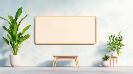 Blank canvas mockup with wooden frame, plants, and a bench in a minimal interior setting.