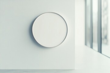 Blank circular frame on white wall with window in background