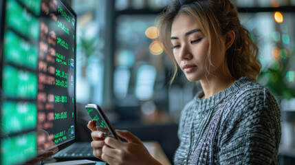 Woman Using Mobile Phone for Online Payment and Financial Technology in a Cafe Setting, Engaged in Mobile Banking and E-Transaction via Banking App, Daytime, Modern Financial Concept