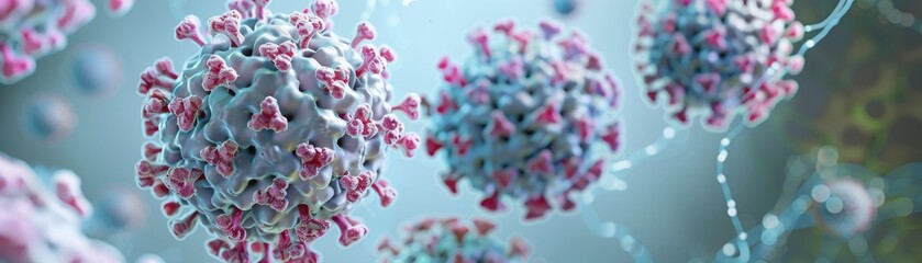 Obraz premium Close-up 3D Render of Coronavirus, Viral Structure, Infectious Disease, Microscopy, Pandemic, Virus
