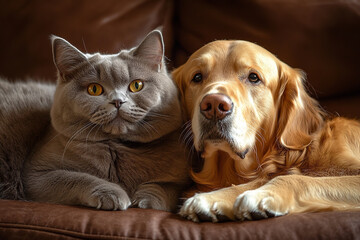 A British Shorthair cat and a Golden Retriever share a peaceful moment together