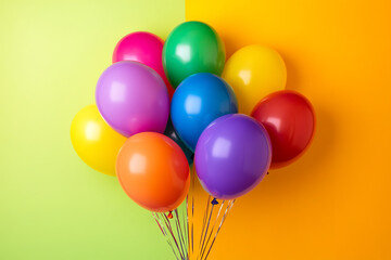 A bunch of bright, colorful balloons floats against a vibrant background, with ample space for text