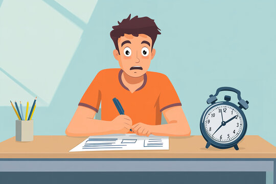 
A candidate sitting at a table for a job interview. He seems filled with disbelief while filling out an assessment form. A stopwatch is on the table timing him, cartoon-style