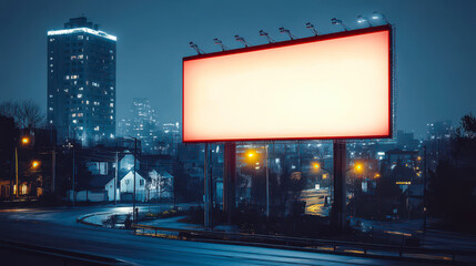 Illuminated Blank Billboard in Night Cityscape with Urban Background and Empty Streets, Perfect for Advertisement Concept