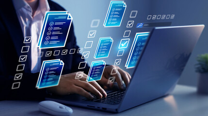 Business productivity checklist and filling survey form.Fast checklist and clipboard task...