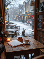A cozy coffee shop in London, with snow falling gently outside the large windows overlooking the snowy streets. Inside, the rustic wooden tables were lit by candles burning, providing a cozy atmosphe