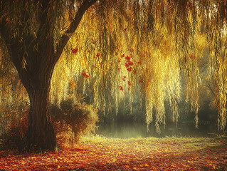 Fototapeta premium Golden Autumn Willow by the Tranquil Pond