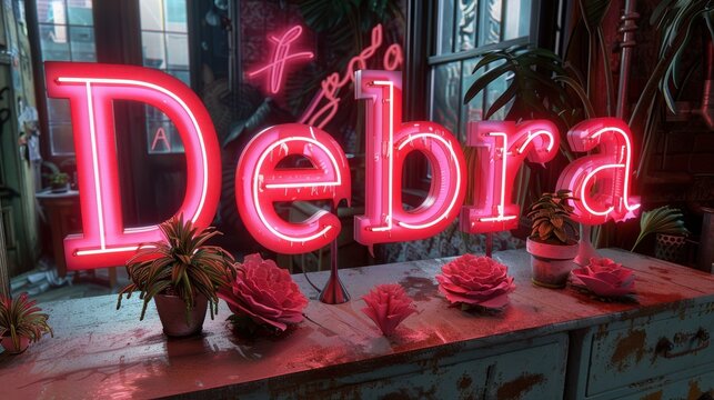 Neon sign 'Debra' illuminates retro-inspired space with succulents and eclectic decor, creating a vibrant nostalgic ambiance.
