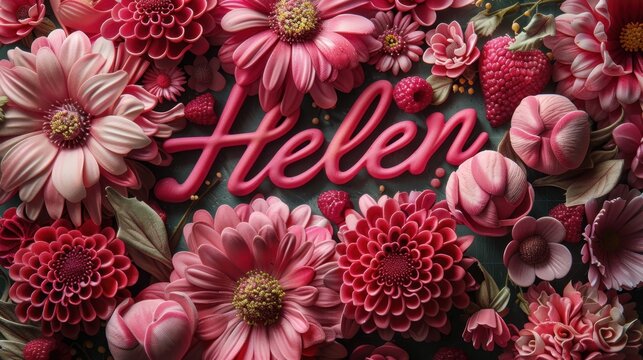 Beautiful pink flowers and foliage artfully arranged around the name 'Helen' creating a vibrant and cheerful floral display.