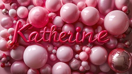 A vibrant pink composition of various balloon-like spheres with the name 'Katherine' in glossy 3D script, perfect for personalized designs.