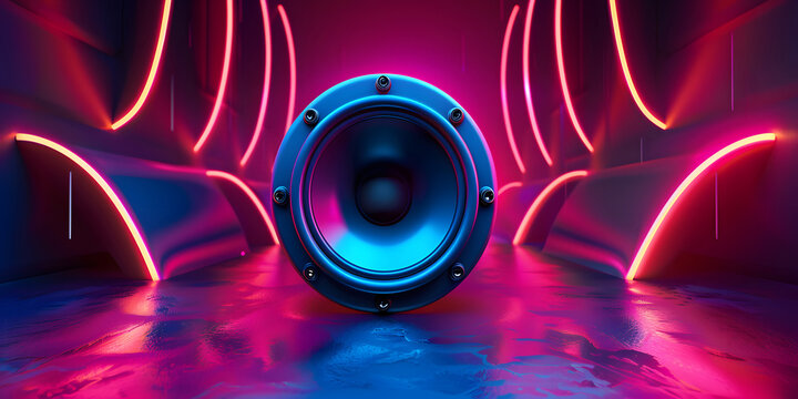 Sound speaker on illuminated neon light background design