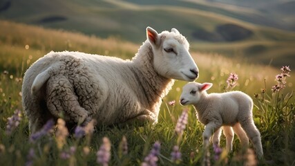 Obraz premium A baby lamb nuzzling its mother in a picturesque meadow filled with wildflowers and rolling hills