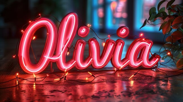 Bright neon light sign spelling 'Olivia' against a blurred background with glowing string lights, creating a cozy and colorful ambiance.