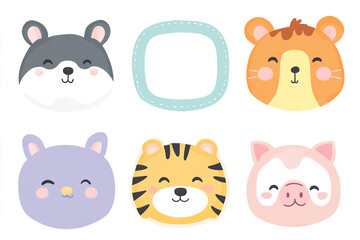 Cute animal character stickers, six colors, vector illustrations, simple shapes and lines, colorful, flat style, cute patterns with white background