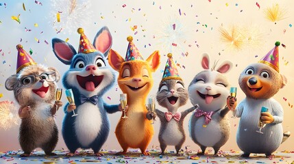 Obraz premium Cartoon animals celebrating New Year's Eve with fireworks champagne and party hats