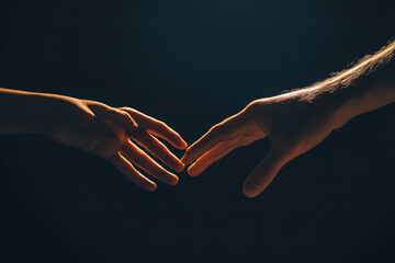 In a dark-toned image, hands reach out towards each other in a gesture of support and assistance.
