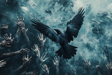 Obraz premium Overhead photography of a raven flying over a sea made of thorns, with countless hands reaching out from the thorns, strong colours
