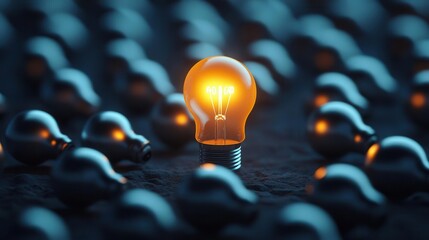 In a dark room, a glowing lightbulb stands out among the turned-off bulbs, showcasing creative thinking and solutions.