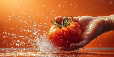 A hand squeezing a tomato creates a pop art and taste concept as fresh tomato juice flies through...