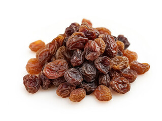 Obraz premium A close-up photograph of a pile of brown raisins against a white background.