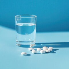 Pills and a glass of water on a blue background, representing medicine and healthcare concepts.