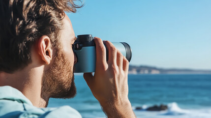 a man looking through the new light-blue binoculars side view, close up of binoculars, sunny day