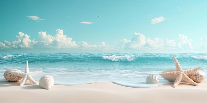 A minimalistic beach scene with sea symbols on a pastel blue background, creating a serene summer atmosphere.